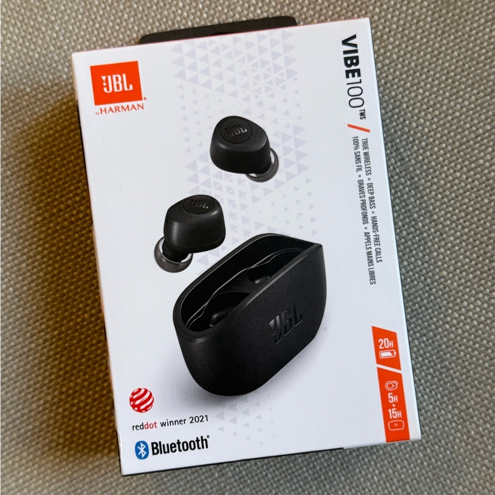 New. Factory sealed. JBL Vibe 100 wireless in-ear headphones. Black.